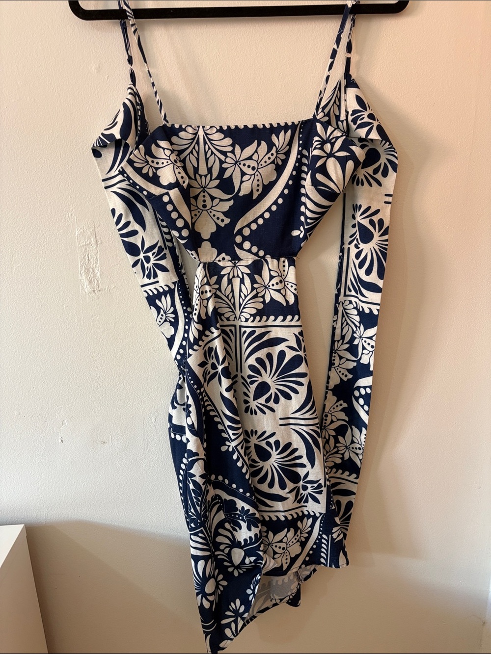 Navy & White Floral Tile Print Spaghetti Strap Dress